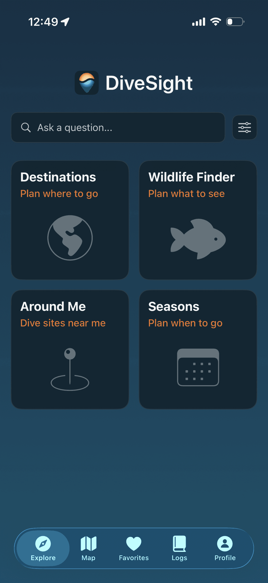 DiveSight Explore home screen: Destinations, Wildlife Finder, Around Me, Seasons